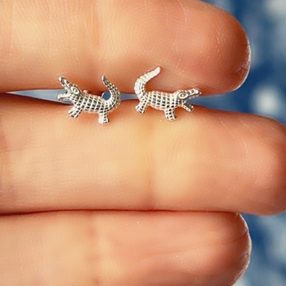 Sterling Silver Tiny Crocodile Stud Earrings - Picture 8 of 8